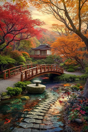 A serene Japanese Zen garden in autumn, with a traditional wooden bridge arching over a koi pond, surrounded by meticulously raked gravel and vibrant red, orange, and yellow maple trees. The garden is framed by a low stone lantern and a moss-covered stone path leading to a small, peaceful teahouse. The scene is bathed in soft, golden late afternoon light, casting long shadows and highlighting the autumn foliage. The composition is balanced, with the bridge and pond in the foreground, and the teahouse and trees in the background, creating a sense of tranquility and harmony.,environment overlayed with ripples of fractal energy (masterpiece, best quality, ultra-detailed),visionary art ,fractals,light energy,psychedelic,trippy, LSD visuals  