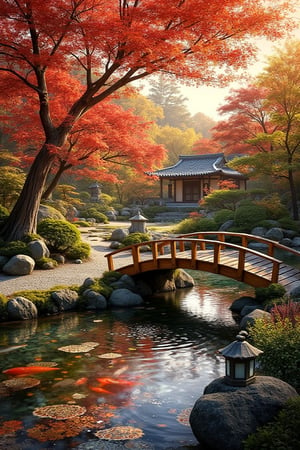 A serene Japanese Zen garden in autumn, with a traditional wooden bridge arching over a koi pond, surrounded by meticulously raked gravel and vibrant red, orange, and yellow maple trees. The garden is framed by a low stone lantern and a moss-covered stone path leading to a small, peaceful teahouse. The scene is bathed in soft, golden late afternoon light, casting long shadows and highlighting the autumn foliage. The composition is balanced, with the bridge and pond in the foreground, and the teahouse and trees in the background, creating a sense of tranquility and harmony.,environment overlayed with ripples of fractal energy (masterpiece, best quality, ultra-detailed),visionary art 