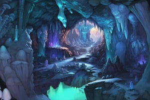 a crystal cave open up to a snow landscape with a giant portal of transcendent light  beaming up into the sky, the cave is full of glowing magic mushrooms, stalagmites and stalactites 