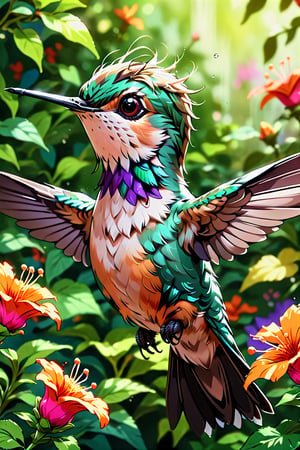 masterpiece), (best quality), (ultra detailed),(disheveled hair),(illustration),Pop Art Close-up shot of aa hummingbird feeding from a flower,from an anime-style illustration, rendered in realistic sketch style. The scene is framed within a out of focus garden background that fades , adding depth and mystery.