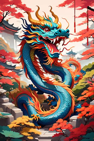 Flat art , 6 colors. Heavy line weight. Illustration, Picturesque, environment. Simplistic. Minimalistic.Vibrant color. no shading . No highlights . Flat art,(illustration),Pop Art Close-up shot of aa chinese dragon,from an anime-style illustration,  The scene is framed within a out of focus garden background that fades , 