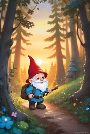 a little gnome walking  through a forest , three  quarters  view, large forest small gnome, dusk time, fire flies , sunset seen through the trees, whimsical  environment. the gnome is on the right side of the frame facing  left  walking towards the center of the  frame .