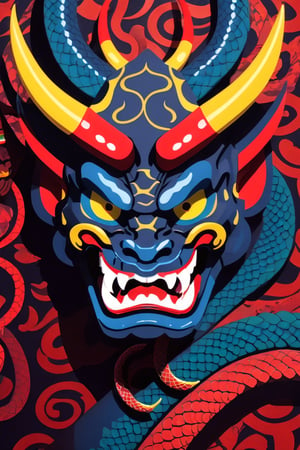 Pop Art  oni mask an serpant,cool snake and cool oni , japanese devil mask with a snake, panoramic view, extremely high-resolution details, photographic, , fine texture, incredibly lifelike perfect shadows, atmospheric lighting, volumetric lighting, sharp focus, focus on eyes, masterpiece,, simple image, the oni is breathing out smoke, uv colors ,eon highlights,