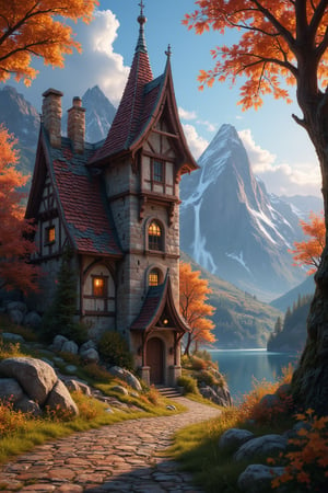  Beautiful Elven storybook cottage in a Fantasy Elven Village in autumn , mountains and waterfalls in the distance,Cobblestone road,atmospheric sun rays, gnomes elf villagers walking around,Trees, Hyperdetailed, colourful, digital Concept art, done on procreate,lightroom, Renaissance architecture, Lovely, Picturesque, Art by Eddie Mendoza, Studio Ghibli, Geometric Jean-baptiste Monge, Ivan Shishkin, Jordan Grimmer, An Jung-Hwan, yoann lossel, marc simonetti, HD, 8k