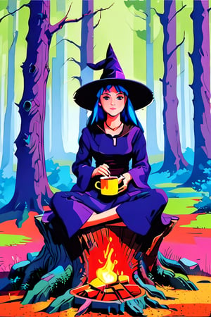 Pop Art medium shot : Illustration,  Pop Art a witch portrait shot,beautiful youn witch sits on a  old tree stump  in a  old growth forest holding cup of hot tea, she is enjoying her surronding in peace being mindful , masterpiece,7 colors, simple image,  pixel art
 7 colors, simple image, 
Pop Art , simple image, 