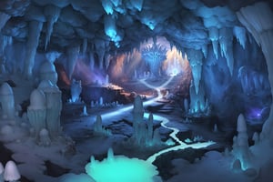 a crystal cave open up to a snow landscape with a giant portal of transcendent light  beaming up into the sky, the cave is full of glowing magic mushrooms, stalagmites and stalactites 