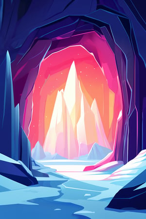 Flat art , 6 colors. Heavy line weight. Illustration scene  of a a crystal cave open up to a snow landscape with a giant portal of transcendent light beaming up into the sky, . Simplistic.  Minimalistic.   Spider webs. Vibrant color.  no shading . No highlights . Flat art