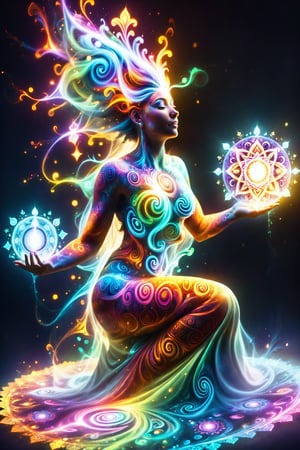  a woman bursting with creative energy, ideas physically pouring out of him, energetic powers beaming, positivity oozing from his mind, explofing with positive energy, found purpose and understanding,sacred geometry, glowing fractal patterns ,transparent, caustics, magic, fantasy, composition, pastel colours, sacred geometry, glow, white background, visionary art