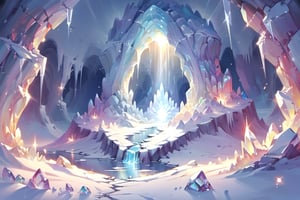 a crystal cave open up to a snow landscape with a giant portal of transcendent light  beaming up into the sky, 