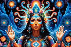  a shman communes with the spirit realm , psychedelic visionary art , ghosts,spirits,spirit guides, shaman visions, . Shamanic visions , ayahuasca visions . Spirit realm, metaphysical realm, esoteric,style, (masterpiece, best quality, ultra-detailed), (perfect hands, perfect anatomy), High detailed, detailed background, anatomically correct, uncensored, beautiful face, detailed hands, perfect eyes, expressive eyes, score_9, score_8_up, score_7_up, best quality, masterpiece, 4k,