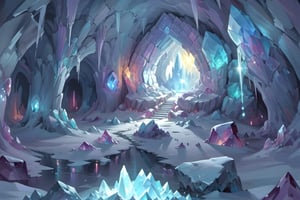 a crystal cave open up to a snow landscape with a giant portal of transcendent light  beaming up into the sky, 