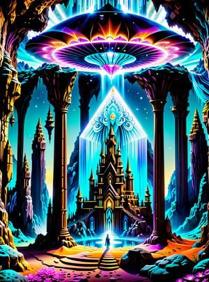 In the center of the cave entrance surrounded by a large crystal formations is a GIANT  CASTLE  AND A UFO MAE OF THAT IS MADE OUT OF SPIRITUAL ENERGY, it is made of translucent light and spiritual energy . A magical land psychedelic landscape wonderland with a  Guardian Spirit to watch over all. Dmt visuals. (visionary art style). ((symmetrical)) , uv, neon., uv highlights 
 fractals, sacred  geometry  and vivid color, (perfect symmetry),
 . Spirit realm, psychedelic landscape  , (masterpiece, best quality, ultra-detailed),, High detailed, detailed background, score_9, score_8_up, score_7_up, best quality, masterpiece,)) 4k,visionary art, everything fits into the image,