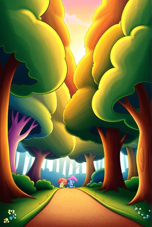 a little gnome walking  through a forest , three  quarters  view, large forest small gnome, dusk time, fire flies , sunset seen through the trees, whimsical  environment. the gnome is on the right side of the frame facing  left  walking towards the center of the  frame .