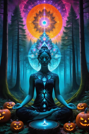 a forest of transcendence that opens up to the spirit realm surrounding breaking down physical reality into the spirit realm . human in meditation, fractals, vivid color, 
 . Spirit realm, metaphysical realm, esoteric,style , psychedelic landscape  , (masterpiece, best quality, ultra-detailed), (perfect hands, perfect anatomy), High detailed, detailed background, anatomically correct, beautiful face, detailed hands, perfect eyes, expressive eyes, score_9, score_8_up, score_7_up, best quality, masterpiece, 4k,visionary art,ULTIMATE LOGO MAKER [XL],bl4ckl1ghtxl,dd4ught3r,Halloween