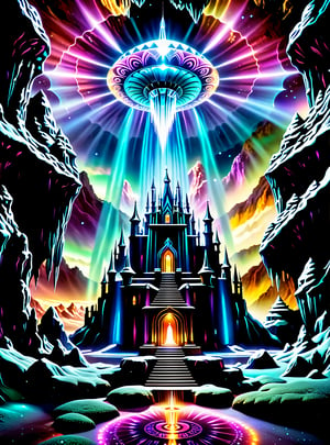 ((In the center of the MYSTICAL cave entrance surrounded by a large crystal formations is a GIANT  CASTLE  AND A  SEMI TRANSPARENT UFO MADE OF ASTRAL ENERGY HOVERS OF THE CASTLE THAT IS  MADE OUT OF SPIRITUAL ENERGY, it is made of translucent light and spiritual energy)) . A magical land psychedelic landscape wonderland with a  Guardian Spirit to watch over all. Dmt visuals. (visionary art style). ((symmetrical)) , uv, neon., uv highlights 
 fractals, sacred  geometry  and vivid color, (perfect symmetry),
 . Spirit realm, psychedelic landscape  , (masterpiece, best quality, ultra-detailed),, High detailed, detailed background, score_9, score_8_up, score_7_up, best quality, masterpiece,)) 4k,visionary art, everything fits into the image,