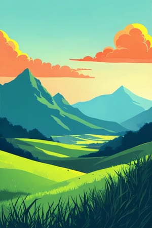 Flat art , 6 colors. Heavy line weight. Illustration scene  of a grassland with mountains in the distance environment. Simplistic.  Minimalistic.    Vibrant color.  no shading . No highlights . Flat art