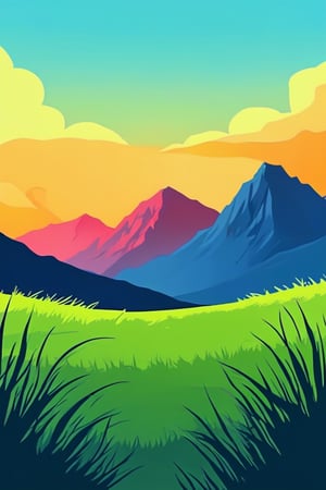 Flat art , 6 colors. Heavy line weight. Illustration scene  of a grassland with mountains in the distance environment. Simplistic.  Minimalistic.   Spider webs. Vibrant color.  no shading . No highlights . Flat art