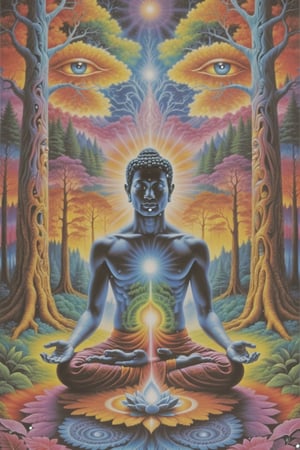 this person sits in a forest and transcends their ego mind and opens up to the spirit realm surrounding them. human in meditation, fractals, vivid color, 
"Visionary art is art that purports to transcend the physical world and portray a wider vision of awareness including spiritual or mystical themes, or is based in such experiences." , psychedelic visionary art ,animal spirits, ,spirits,spirit guides, , . Shamanic visions , ayahuasca visions . Spirit realm, metaphysical realm, esoteric,style, full body human,medium shot, perfect anatomy , psychedelic landscape surrounding the person , (masterpiece, best quality, ultra-detailed), (perfect hands, perfect anatomy), High detailed, detailed background, anatomically correct, beautiful face, detailed hands, perfect eyes, expressive eyes, score_9, score_8_up, score_7_up, best quality, masterpiece, 4k,visionary art