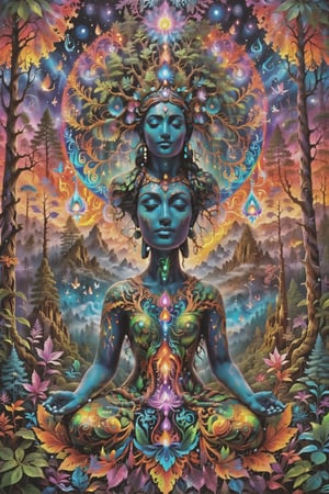 a forest of transcendence that opens up to the spirit realm surrounding breaking down physical reality into the spirit realm . human in meditation, fractals, vivid color, 
"Visionary art is art that purports to transcend the physical world and portray a wider vision of awareness including spiritual or mystical themes, or is based in such experiences." , psychedelic visionary art ,animal spirits, ,spirits,spirit guides, , . Shamanic visions , ayahuasca visions . Spirit realm, metaphysical realm, esoteric,style, full body human,medium shot, perfect anatomy , psychedelic landscape surrounding the person , (masterpiece, best quality, ultra-detailed), (perfect hands, perfect anatomy), High detailed, detailed background, anatomically correct, beautiful face, detailed hands, perfect eyes, expressive eyes, score_9, score_8_up, score_7_up, best quality, masterpiece, 4k,visionary art,ULTIMATE LOGO MAKER [XL],bl4ckl1ghtxl,visionary art style