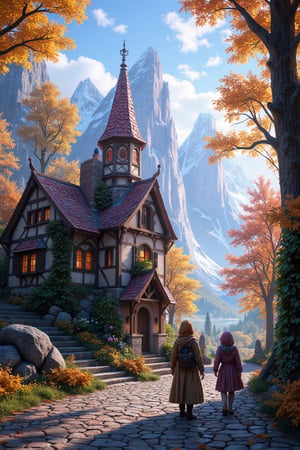  Beautiful Elven storybook cottage in a Fantasy Elven Village in autumn , mountains and waterfalls in the distance,Cobblestone road,atmospheric sun rays, gnomes elf villagers walking around,Trees, Hyperdetailed, colourful, digital Concept art, done on procreate,lightroom, Renaissance architecture, Lovely, Picturesque, Art by Eddie Mendoza, Studio Ghibli, Geometric Jean-baptiste Monge, Ivan Shishkin, Jordan Grimmer, An Jung-Hwan, yoann lossel, marc simonetti, HD, 8k