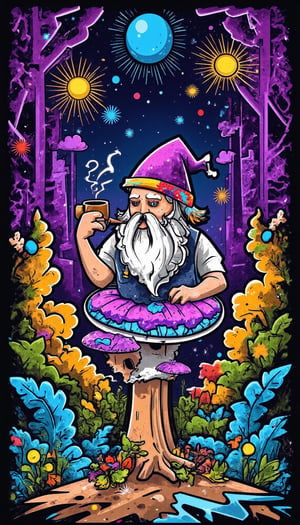 Rug design , digitized vector, minalmist design, visionary art style vector art, a gnome sitting on a mushroom smoking his pipe gazing up into the stars, fully immersed in the enchanting symphony of the night.,visionary art style, this gnome sits in a forest  fractals, vivid color, "psychedelic visionary art , Shamanic vision, esoteric, full body human,medium shot, perfect anatomy , psychedelic landscape  ,environment over layed with ripples of fractal energy fractals (masterpiece, best quality, vector-detailed), (perfect hands, perfect anatomy,perfect feet,perfect hands) perfect face, vector shading, clearly defined  line work, detailed background, anatomically correct, detailed hands, perfect eyes, expressive eyes, score_9, score_8_up, score_7_up, best quality, masterpiece, 4k,visionary art,