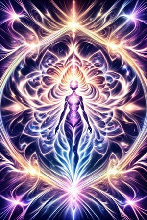  visionary art ,pen art, symmetrical, spirit guide among a matrix of energy and light,bl4ckl1ghtxl,,transparent caustics light ,epic composition,universal energy, uv pastel colours, sacred geometry