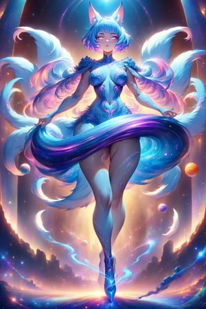 stunning artwork by artgerm, WLOP, of a beautiful female kitsune ( kitsune is a fox girl has fox ears, multiple fabulous fluffy swooshy fox tails billowing out from behind her ) , she is in galactic environment with planets stars and nebulous, she has tattoos short pixie cut hairstyle,holding long elegant staff, with glowing iridescent Feather Epaulettes made of smoke and light , tattooed female, detailed face, in focus,8k, wide angle shot, beautiful full body female , attractive beautiful female,intricate detailed garment design,curvaceous full figure feminine body, lace underclothes with intricate detail,perfected facial detail,detailed eyes, ultradetailed, natural lighting, epic compostion , dynamic pose, cinema 4d render by brian froud ,2020s art , with feeling of desire and Majesty uv color highlights , blacklight colors, neon color highlights, asiancore, trending on Artstation , done on procreate