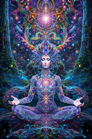 this person sits in a forest and transcends their ego mind and opens up to the spirit realm surrounding them. human in meditation, fractals, vivid color, "Visionary art is art that purports to transcend the physical world and portray a wider vision of awareness including spiritual or mystical themes, or is based in such experiences." , psychedelic visionary art ,animal spirits, ,spirits,spirit guides, , . Shamanic visions , ayahuasca visions . Spirit realm, metaphysical realm, esoteric,style, full body human,medium shot, perfect anatomy , psychedelic landscape surrounding the person , (masterpiece, best quality, ultra-detailed), (perfect hands, perfect anatomy), High detailed, detailed background, anatomically correct, beautiful face, detailed hands, perfect eyes, expressive eyes, score_9, score_8_up, score_7_up, best quality, masterpiece, 4k,visionary art,ULTIMATE LOGO MAKER [XL],bl4ckl1ghtxl