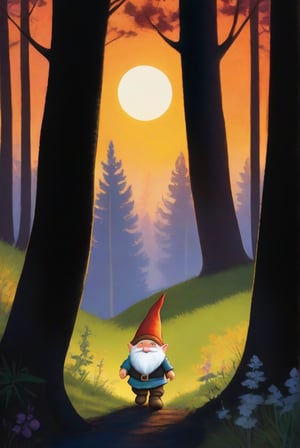 a little gnome walking  through a forest , three  quarters  view, large forest small gnome, dusk time, fire flies , sunset seen through the trees, whimsical  environment. the gnome is on the right side of the frame facing  left  walking towards the center of the  frame .