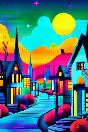 Flat art , 6 colors. Heavy line weight. Illustration scene  of a Halloween village  environment. 