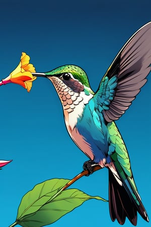 Pop Art Close-up shot of aa hummingbird feeding from a flower,from an anime-style illustration, rendered in realistic sketch style. The scene is framed within a blue gradient background that fades to black at the edges, adding depth and mystery.