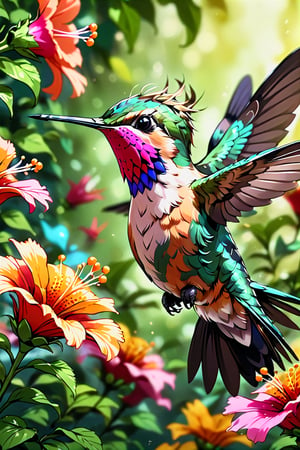 masterpiece), (best quality), (ultra detailed),(disheveled hair),(illustration),Pop Art Close-up shot of aa hummingbird feeding from a flower,from an anime-style illustration, rendered in realistic sketch style. The scene is framed within a out of focus garden background that fades , adding depth and mystery.