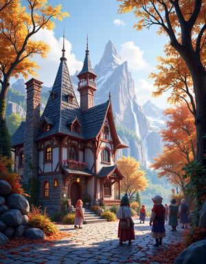  Beautiful Elven storybook cottage in a Fantasy Elven Village in autumn , mountains and waterfalls in the distance,Cobblestone road,atmospheric sun rays, gnomes elf villagers walking around,Trees, Hyperdetailed, colourful, digital Concept art, done on procreate,lightroom, Renaissance architecture, Lovely, Picturesque, Art by Eddie Mendoza, Studio Ghibli, Geometric Jean-baptiste Monge, Ivan Shishkin, Jordan Grimmer, An Jung-Hwan, yoann lossel, marc simonetti, HD, 8k