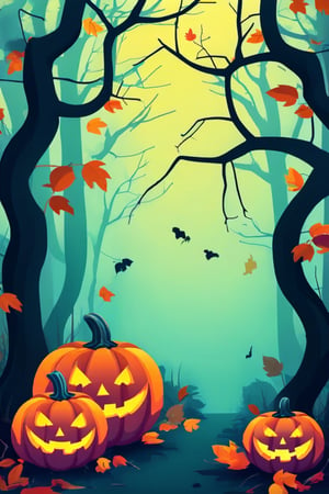 Flat art , 4 colors. Heavy line weight. Illustration scene  of a Halloween spooky forest environment. Simplistic.  Minimalistic.  Cute image. Sfw, pumpkins. Spider webs. Halloween  color palette. Vibrant color. Vector art illustration 