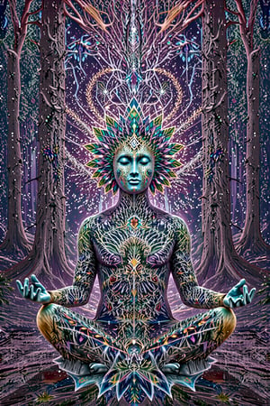 this person sits in a forest and transcends their ego mind  opens up to the spirit realm surrounding them. human in meditation, fractals, vivid color, "Visionary art is art that purports to transcend the physical world and portray a wider vision of awareness including spiritual or mystical themes, or is based in such experiences." , psychedelic visionary art ,animal spirits, ,spirits,spirit guides, . Shamanic visions , ayahuasca visions . Spirit realm, metaphysical realm, esoteric,style, full body human,medium shot, perfect anatomy , psychedelic landscape surrounding the person ,environment over layed with ripples of fractal energy (masterpiece, best quality, ultra-detailed), (perfect hands, perfect anatomy), High detailed, detailed background, anatomically correct, beautiful face, detailed hands, perfect eyes, expressive eyes, score_9, score_8_up, score_7_up, best quality, masterpiece, 4k,visionary art,ULTIMATE LOGO MAKER [XL],bl4ckl1ghtxl, by Jonathan Solter and Fabian Jimenez,ElohProjects, simon haiduk