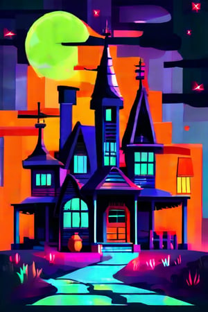 Flat art , 6 colors. Heavy line weight. Illustration scene  of a Halloween village  environment. 