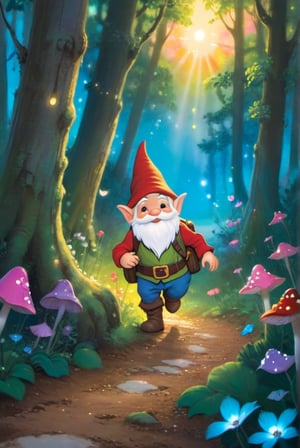 a little gnome walking  through a forest of the beaten path in a dense lush magical forest, three  quarters  view, large forest compared to the small gnome, dusk time, fire flies , sunset seen through the trees, whimsical  environment. the gnome is on the right side of the frame facing  left   towards  the center of the image and is walking towards the center of the  frame .