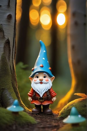 a little gnome walking  through a forest , three  quarters  view, large forest small gnome, dusk time, fire flies , sunset seen through the trees, whimsical  environment. 