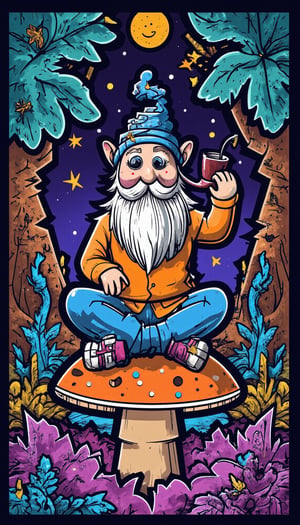 Rug design , digitized vector, minimalist design, visionary art style vector art, a  cute gnome sitting on a mushroom smoking his pipe gazing up into the stars, fully immersed in the enchanting symphony of the night.,visionary art style, this gnome sits in a forest  full body gnome sitting down on a mushroom, fantasy world , fractals, vivid color, "psychedelic visionary art , Shamanic vision, esoteric, full body human,medium shot, perfect anatomy , psychedelic landscape  , ripples of fractal energy fractals (masterpiece, best quality, vector-detailed), (perfect hands, perfect anatomy,perfect feet,perfect hands) perfect face, vector shading, clearly defined  line work, detailed background, anatomically correct, detailed hands, perfect eyes, expressive eyes, score_9, score_8_up, score_7_up, best quality, masterpiece, 4k,visionary art,