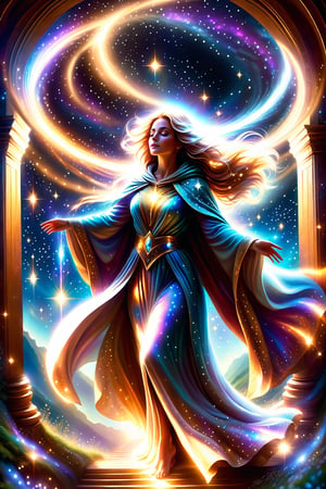 a female  angel shrouded in cloak of light and stars descends down to earth ,portals of light ,light being,stars,enchanted,fantasy,visionary art,dynamic beautiful environment , 