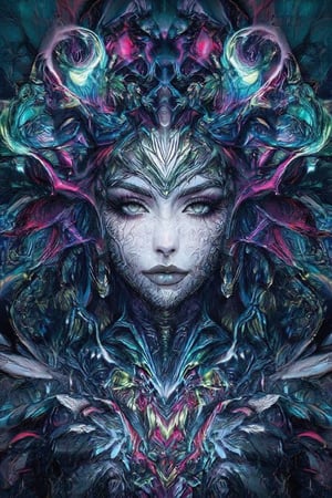 visionary art ,pen art,Dark Dramatic Ancient Elegant dark Goddess of the night , woman seen from the waist up, by Anna Dittmann and android jones,perfectly symmetrical image,Vibrant, In Watercolour,pen art, visionary art, symmetrical, beautiful detailed eyes (masterpiece, best quality, ultra-detailed), (perfect anatomy), High detailed, detailed background, anatomically correct, beautiful face, detailed hands, perfect eyes, expressive eyes, score_9, score_8_up, score_7_up, best quality, masterpiece, 16k,vivid colors,neon highlights,uv, 