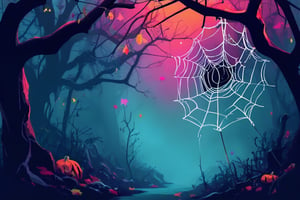 Flat art , 6 colors. Heavy line weight. Illustration scene  of a Halloween themed  environment. Simplistic.  Minimalistic.  Cute image. Sfw, pumpkins. Spider webs. Halloween  color palette. Vibrant color. ( big white Spider web between some of the trees ) no shading . No highlights . Flat art