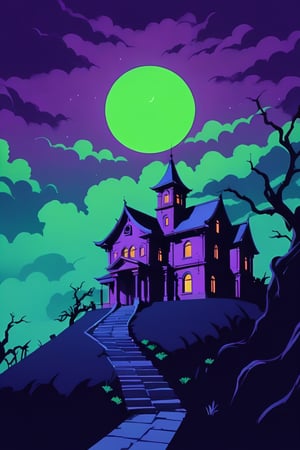 Pop Art medium shot of a halloween themed image,  ,vampire manor on a hillside, green moon, clouds ,  from an anime-style illustration, rendered in realistic sketch style. The scene is within out of focus graveyard and night sky background that fades out of focus , adding depth and mystery.5 colors, simple image, colors, neon green, neon purple, dark blue, neon orange,dark purple,proper lighting effects