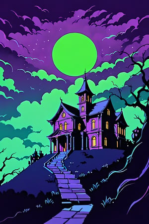 Pop Art medium shot of a halloween themed image,  ,vampire manor on a hillside, green moon, clouds ,  from an anime-style illustration, rendered in realistic sketch style. The scene is within out of focus graveyard and night sky background that fades out of focus , adding depth and mystery.5 colors, simple image, colors, neon green, neon purple, dark blue, neon orange,dark purple,proper lighting effects