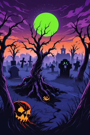 Pop Art medium shot of a halloween themed image, spooky tree with a creepy face:1.8 in a graveyard a skeleon breaking out of the ground seen in the foreground, from an anime-style illustration,tree with a spooky face a skeleon hand coming out of the ground in the foreground, rendered in realistic sketch style. The scene is within out of focus graveyard and night sky background that fades out of focus , adding depth and mystery.5 colors, simple image,  simple image, colors, neon green, neon purple, dark blue, neon orange,dark purple,proper lighting effects