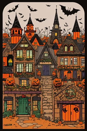 Flat art , 6 colors. Heavy line weight. Illustration scene  of a Halloween village  environment. 