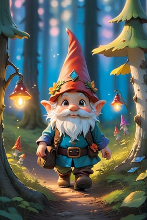 a little gnome walking  through a forest , three  quarters  view, large forest small gnome, dusk time, fire flies , sunset seen through the trees, whimsical  environment. the gnome is on the right side of the frame facing  left  walking towards the center of the  frame .