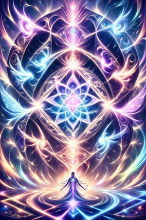  visionary art ,pen art, symmetrical, spirit guide among a matrix of energy and light,bl4ckl1ghtxl,,transparent caustics light ,epic composition,universal energy, uv pastel colours, sacred geometry