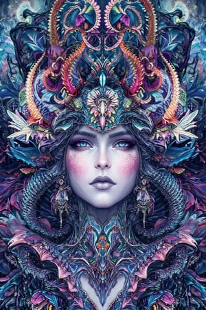 visionary art ,pen art,Dark Dramatic Ancient Elegant dark Goddess of the night , woman seen from the waist up, by Anna Dittmann and android jones,perfectly symmetrical image,Vibrant, In Watercolour,pen art, visionary art, symmetrical, beautiful detailed eyes (masterpiece, best quality, ultra-detailed), (perfect anatomy), High detailed, detailed background, anatomically correct, beautiful face, detailed hands, perfect eyes, expressive eyes, score_9, score_8_up, score_7_up, best quality, masterpiece, 4k,vivid colors,neon highlights,uv,