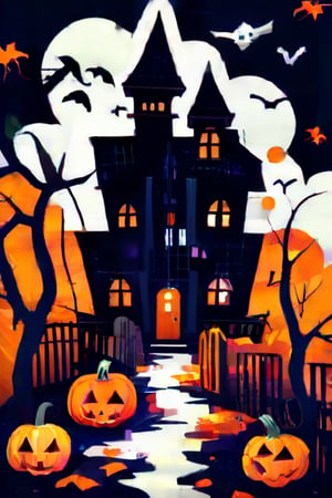 Flat art , 6 colors. Heavy line weight. Illustration scene  of a Halloween village  environment. Simplistic.  Minimalistic.  Cute image. Sfw, pumpkins. Spider webs. Halloween  color palette. 